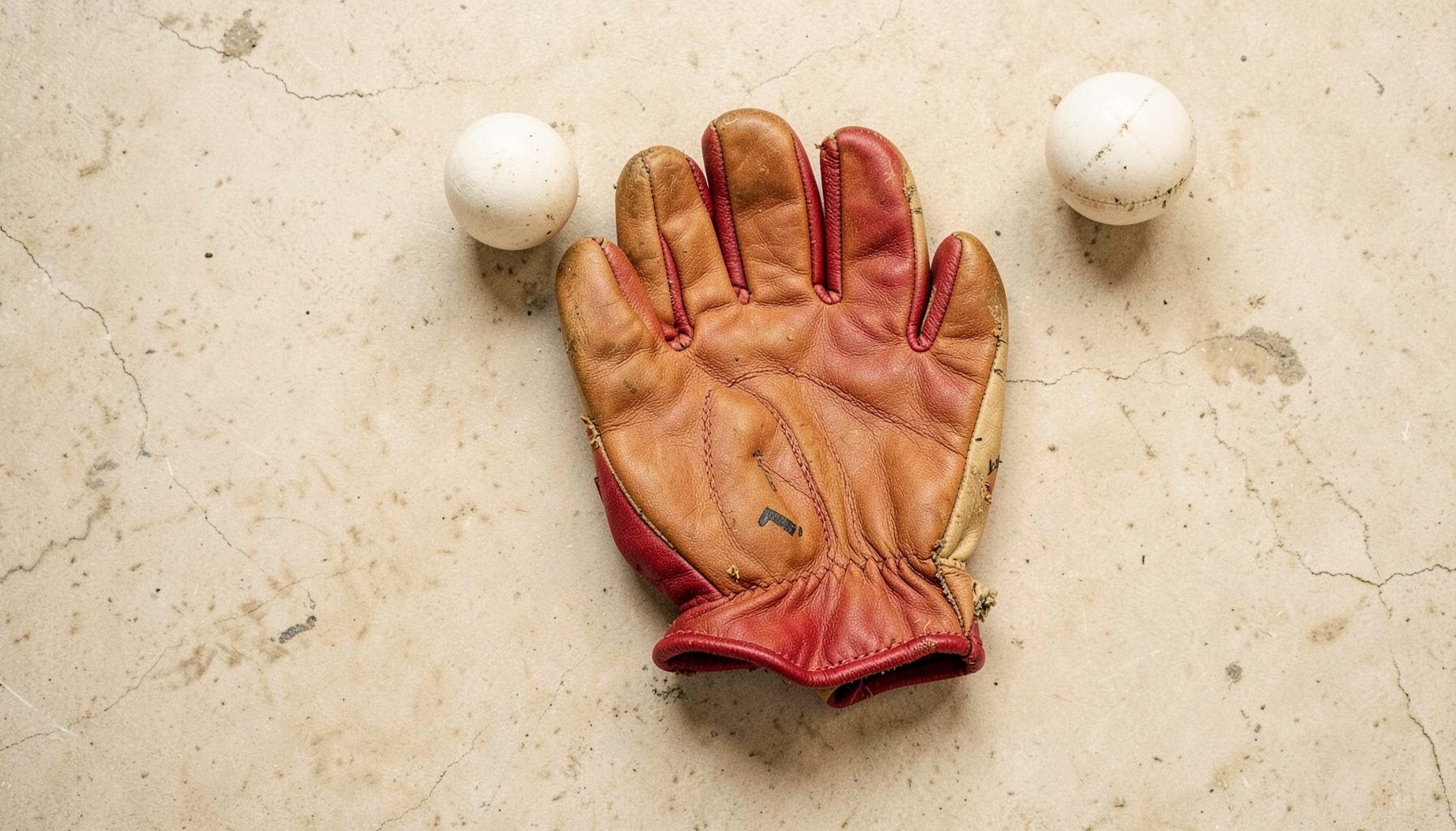 Overhead flat-lay of a worn leather Rugby Fives glove resting on the pale stone floor of a court, with a single white ball nearby; warm, muted tones of tan, cream, and deep shadow.