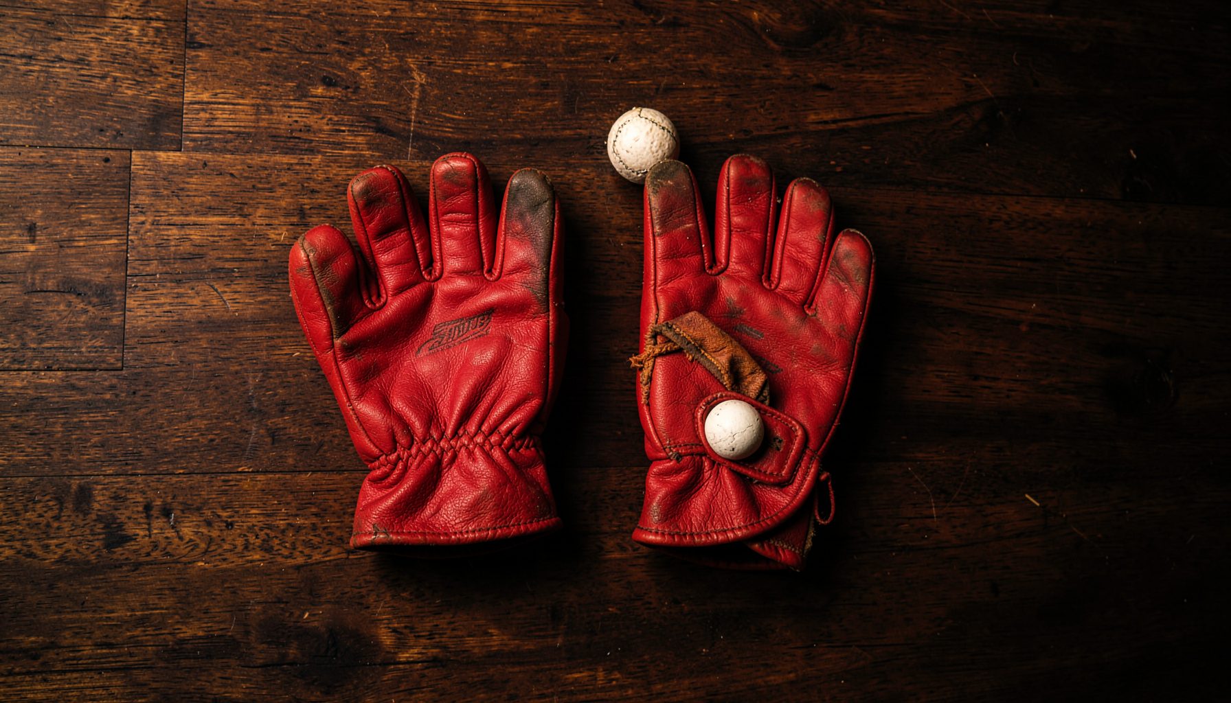 Overhead flat-lay photograph of a worn leather Rugby Fives glove resting on a dark wooden court floor beside a small white handball, with warm amber and chestnut tones against deep shadow