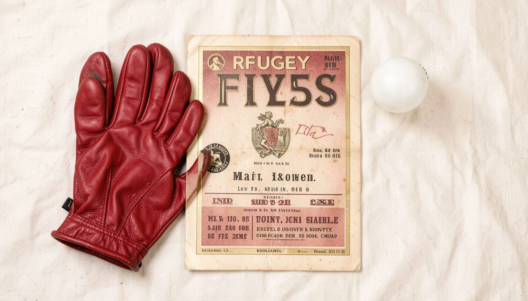 Overhead flat-lay photograph of a vintage Rugby Fives programme, a pair of leather-palmed gloves, and a white ball arranged on a rich cream linen surface; warm maroon and gold accents throughout.