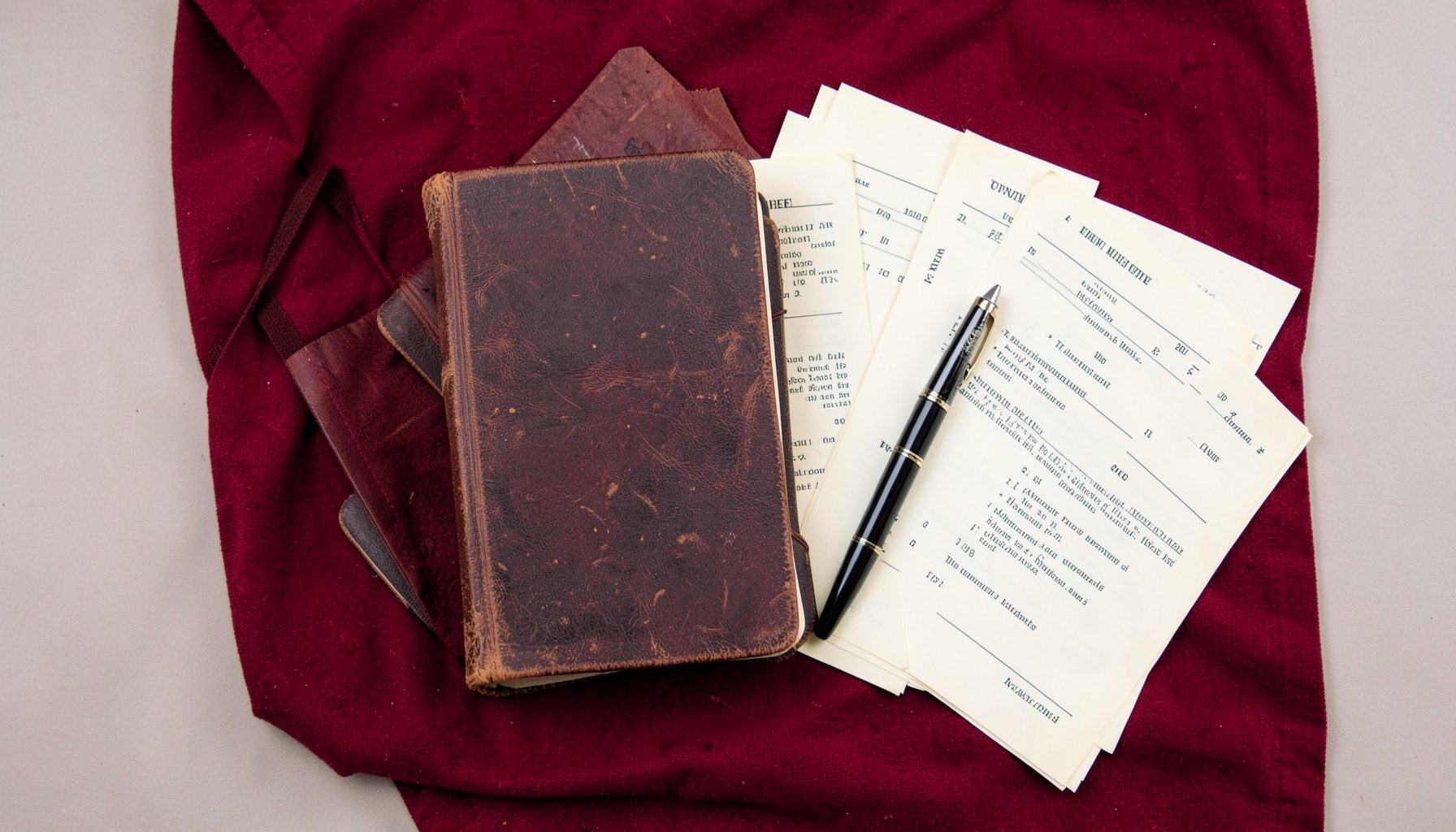 Overhead flat-lay photograph of a weathered leather-bound minute book and fountain pen resting on deep maroon cloth, with cream-coloured policy papers fanned across the surface in soft natural light.