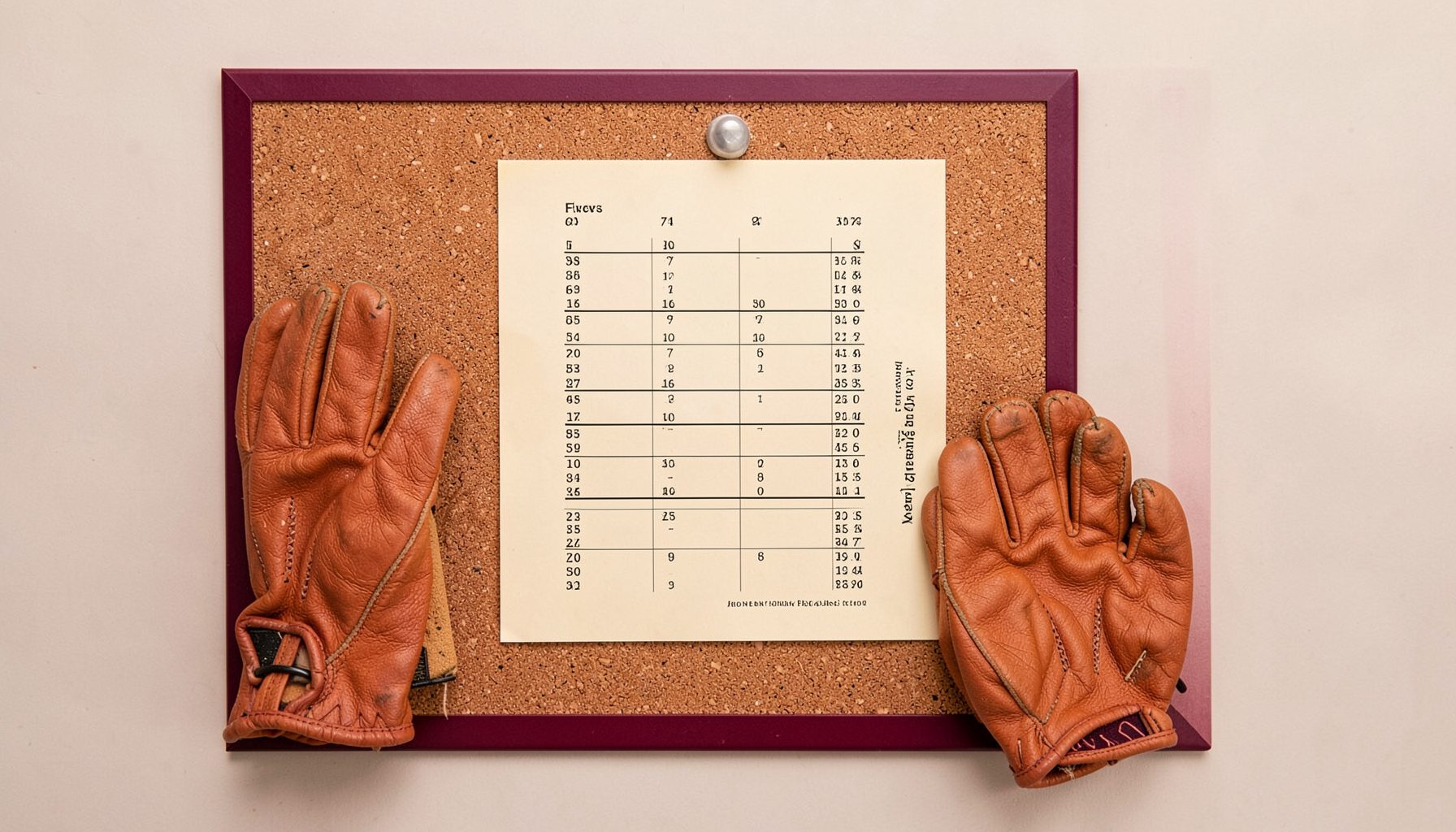 Overhead flat-lay photograph of a printed rankings sheet pinned to a cork noticeboard beside a pair of well-worn leather Fives gloves; warm cream paper, deep maroon board trim, and soft natural light.