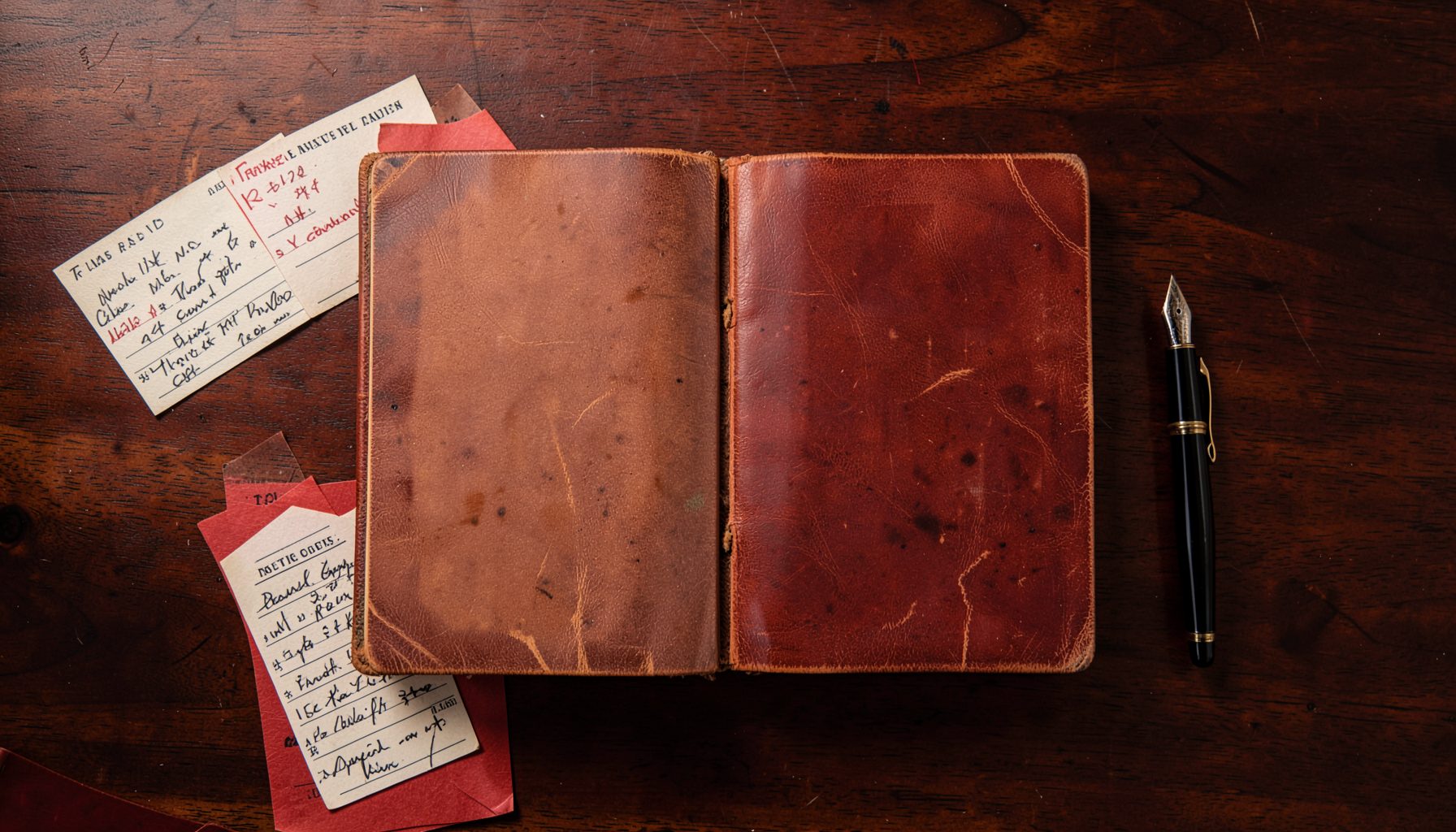Overhead flat-lay of a worn leather-bound record book open on a dark wooden desk, surrounded by handwritten scorecards and a vintage fountain pen, warm amber and deep brown tones
