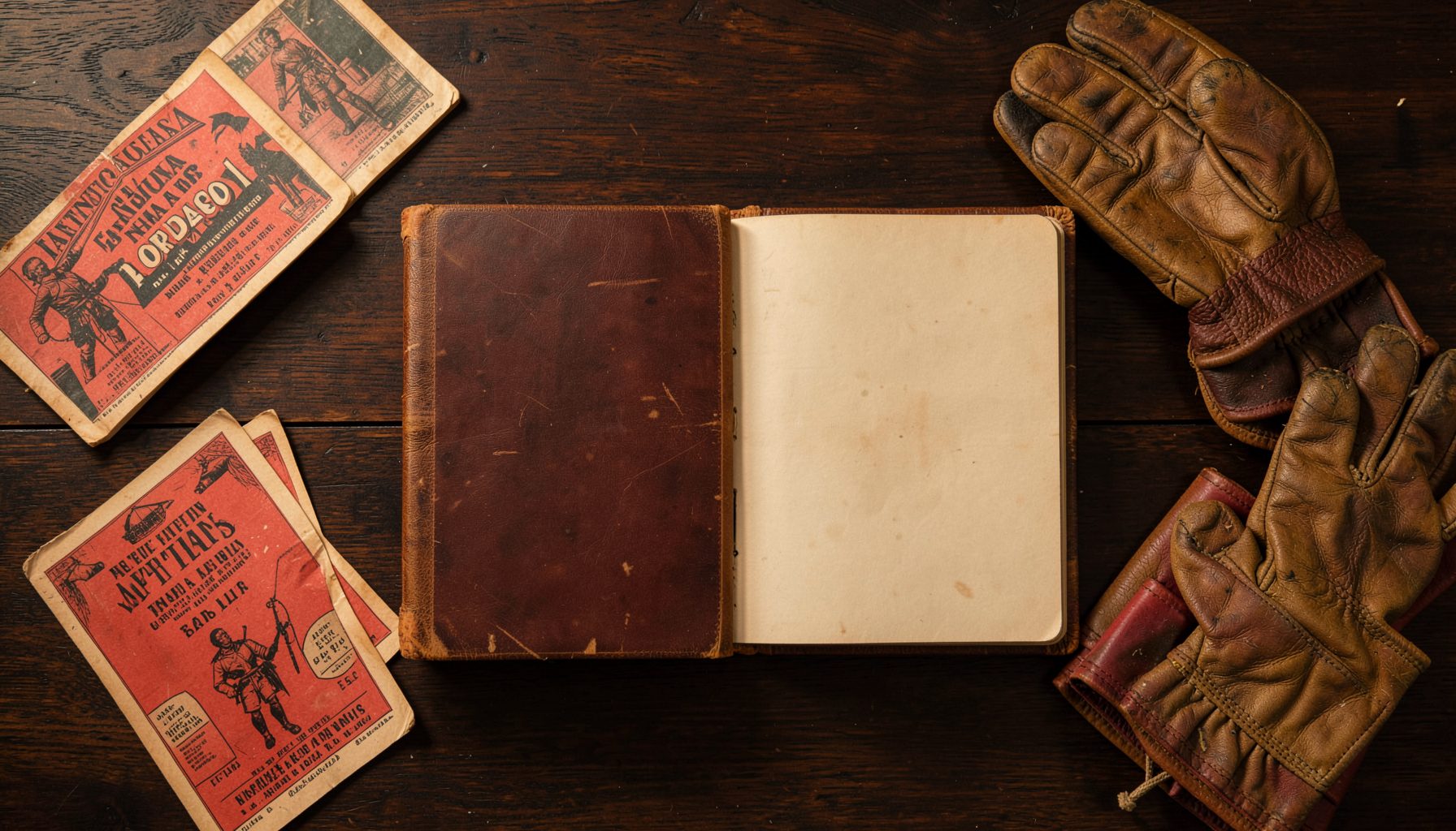 Overhead flat-lay of a worn leather-bound record book open on a dark wooden surface, surrounded by vintage tournament programmes and a pair of aged fives gloves, warm amber and deep brown tones