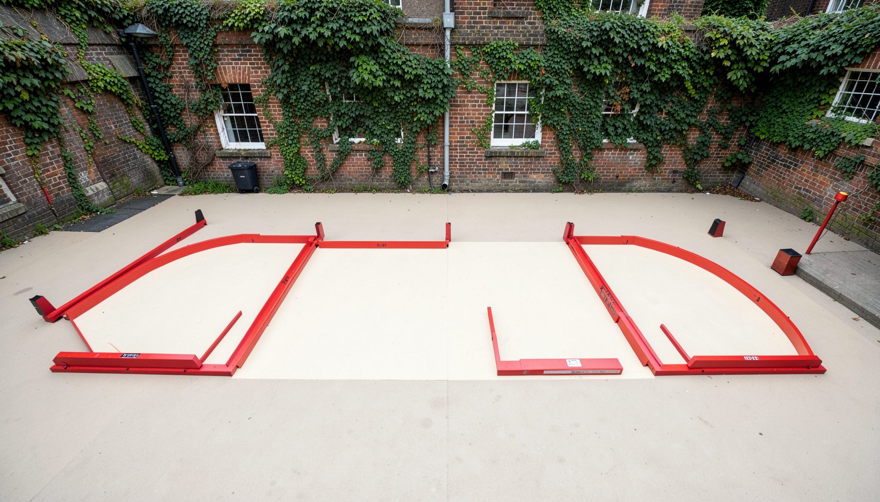 A wide-angle photograph of a row of Rugby Fives courts at a traditional British school, with ivy-covered brick walls and cream court surfaces under soft overcast daylight.
