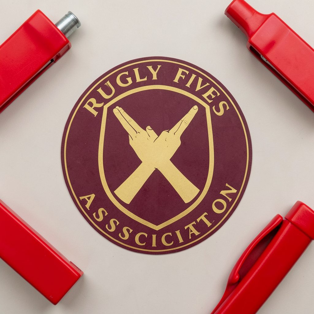 A circular emblem featuring crossed hands in silhouette against a maroon and gold shield, surrounded by the words Rugby Fives Association.